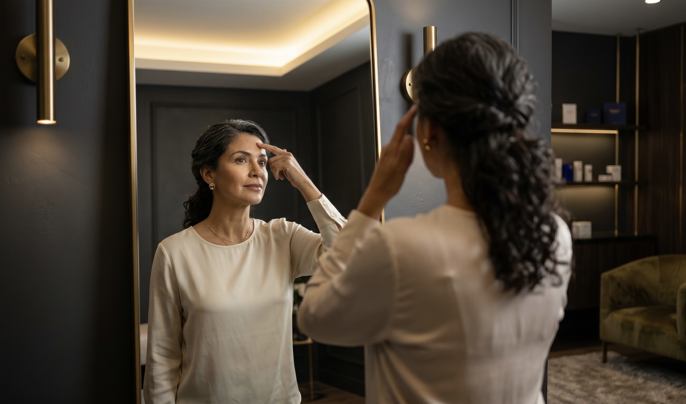Mujer reflexionando sobre su apariencia — antes del botox